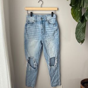 American Eagle Distressed Light Blue High Rise Mom Jean